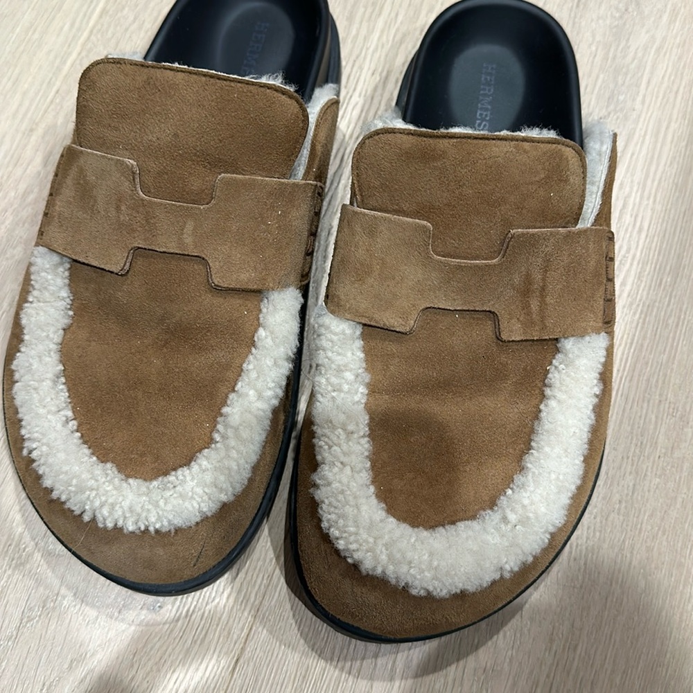 Hermes Brown Suede and White Shearling Slip-On Mules